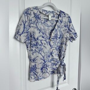 Linen Blend H&M  Wrap Blouse Blue White Floral Cottagecore Coastal Top Small